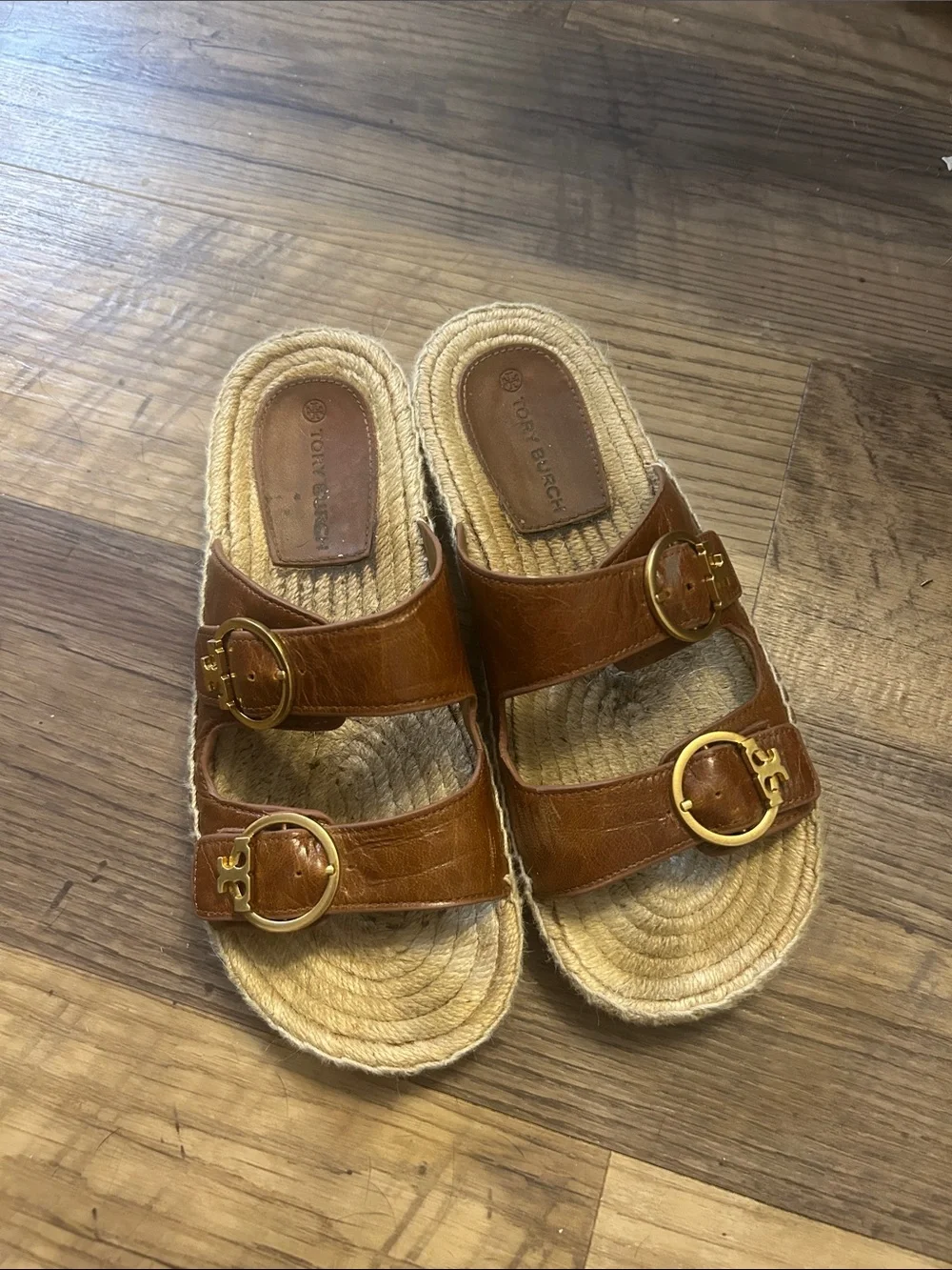 Tory Burch Tan Leather Double-Buckle Espadrille Slide Sandals